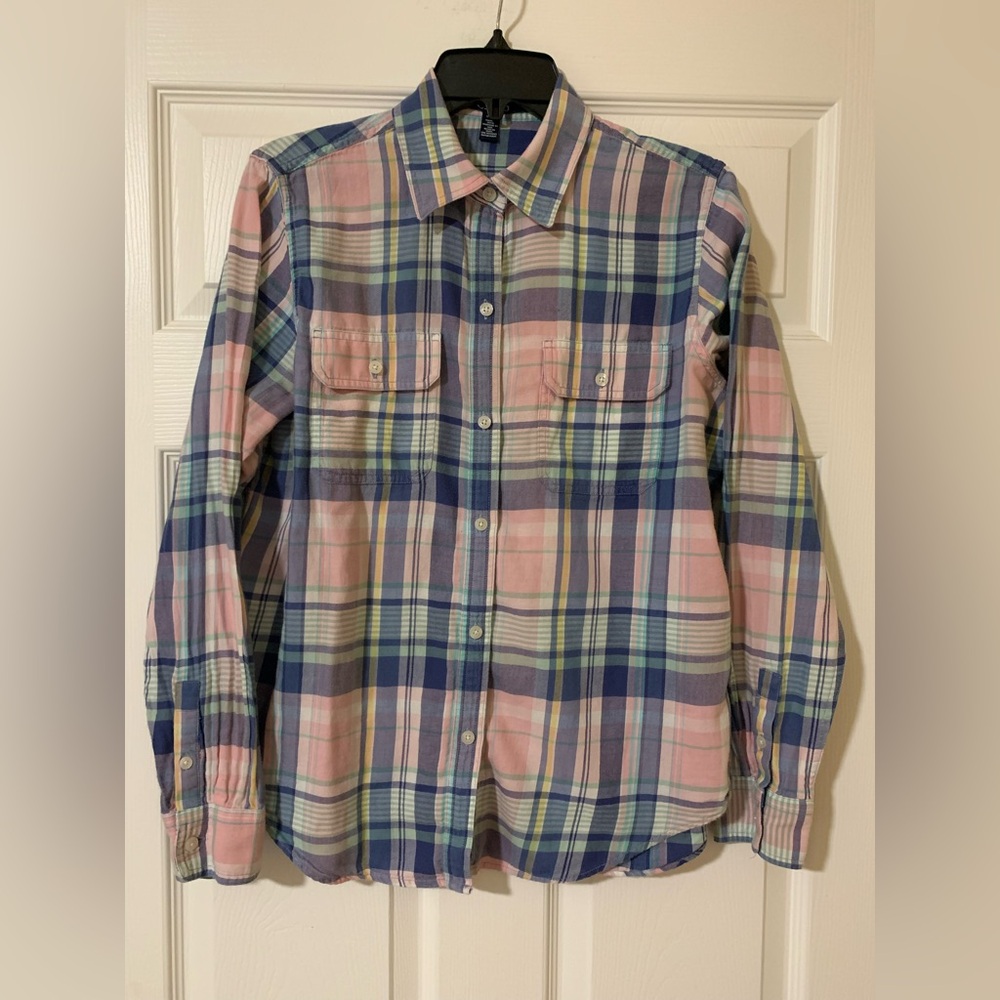 Chaps‎ Denim Pink and Blue Plaid Collared Long Sleeve Button Down Shirt Large
